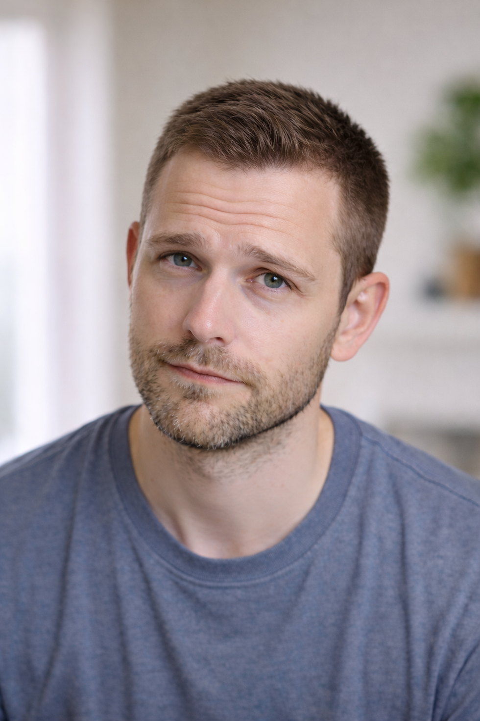 Man with short hair and a slight smile wearing a blue shirt, set against a blurred indoor background with a green plant. Calm mood.