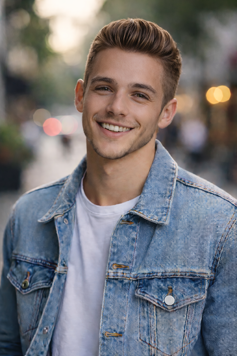 Smiling person in denim jacket and white shirt, standing outdoors on a street with blurred lights and greenery in the background.