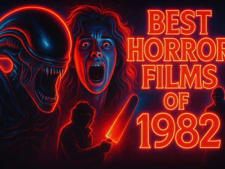 Alien and screaming woman in neon red-and-blue tones on black background. Text: "Best Horror Films of 1982." Eerie, retro vibe.