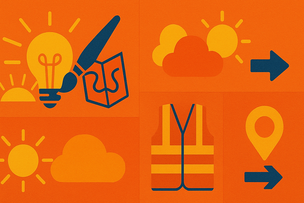 Colorful graphic of sun, cloud, light bulb, paintbrush, map, vest, arrow, and location pin. Vibrant orange and yellow theme.