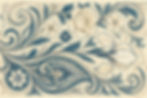 Intricate floral design with blue and cream swirls and flowers on a beige background. Patterns include roses and leaves, creating an elegant vibe.