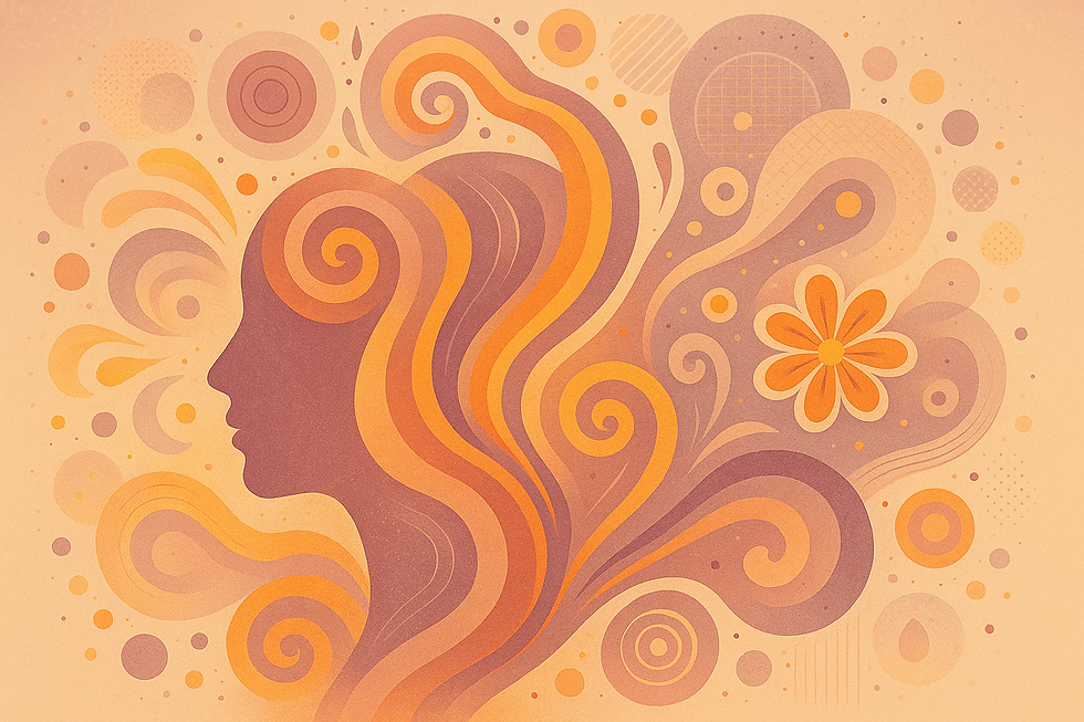 Silhouette of a woman's profile with swirling hair patterns, a flower, and abstract circles in warm oranges and purples, creating a serene mood.