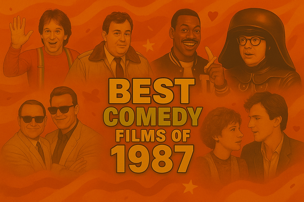 Actors in comedic roles centered around bold text: "Best Comedy Films of 1987." Orange background with hearts and stars.
