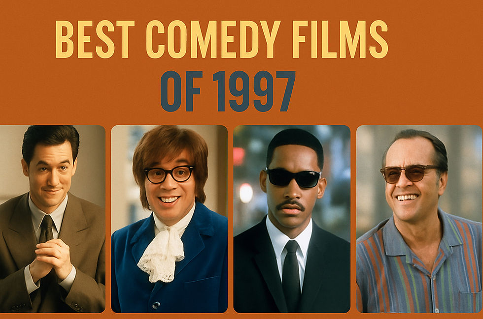 Four characters from comedy films of 1997 are shown smiling against a blurred background. Text above reads "Best Comedy Films of 1997."
