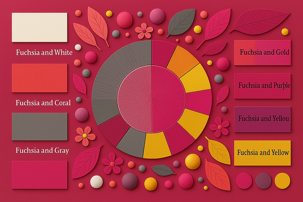 Color wheel with fuchsia tones, surrounded by leaves and circles on a red background. Swatches labeled Fuchsia with gold, coral, and more.