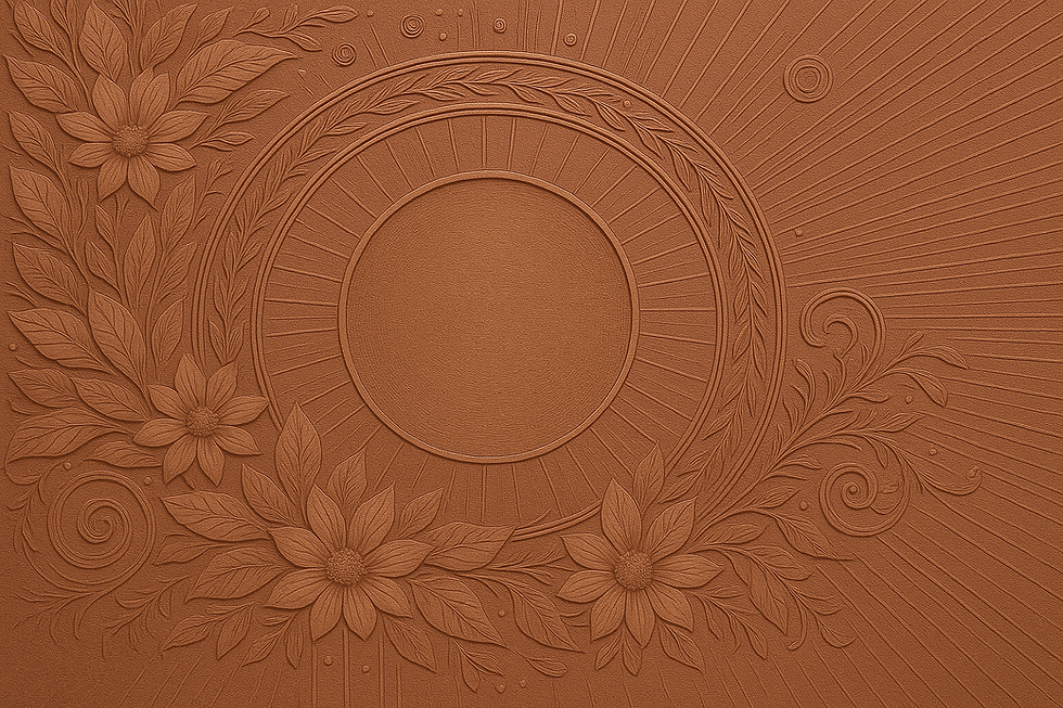 Embossed design with floral and leaf patterns surrounding a central circular motif. Brown texture with radiating lines and intricate swirls.