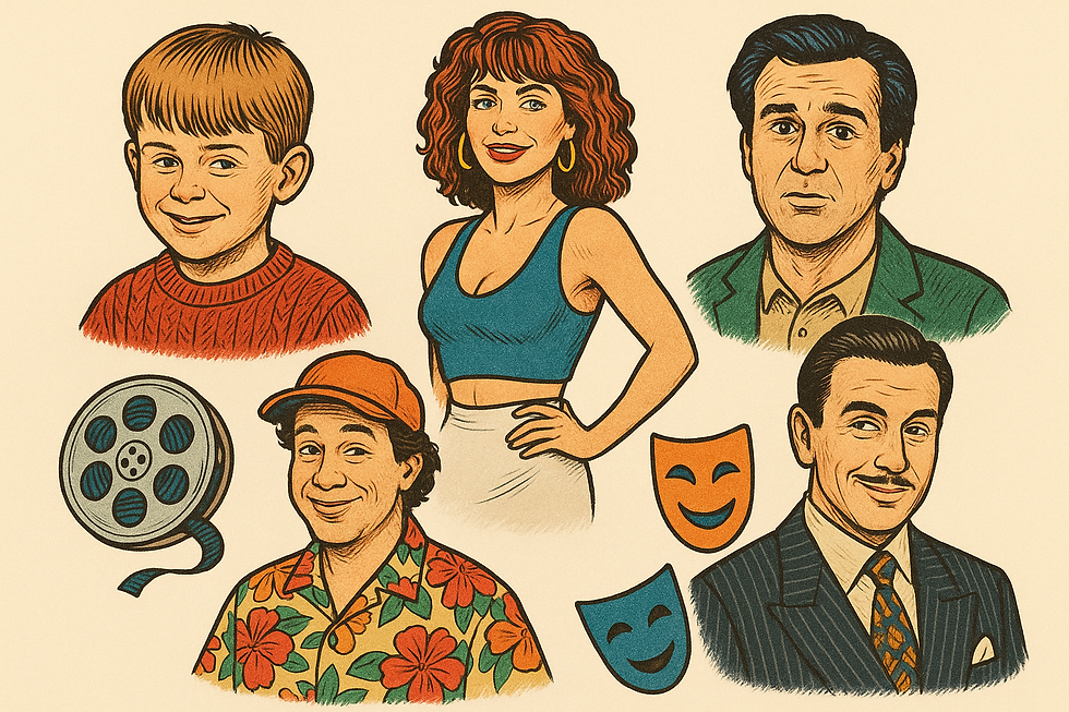 Illustration of five people in vibrant outfits with a film reel and comedy-tragedy masks on a beige background. Retro style and cheerful mood.
