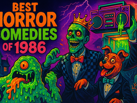 Green zombie, dog, and blob in tuxedos with a boombox. Text: "Best Horror Comedies of 1986." Colorful, eerie background with lightning.