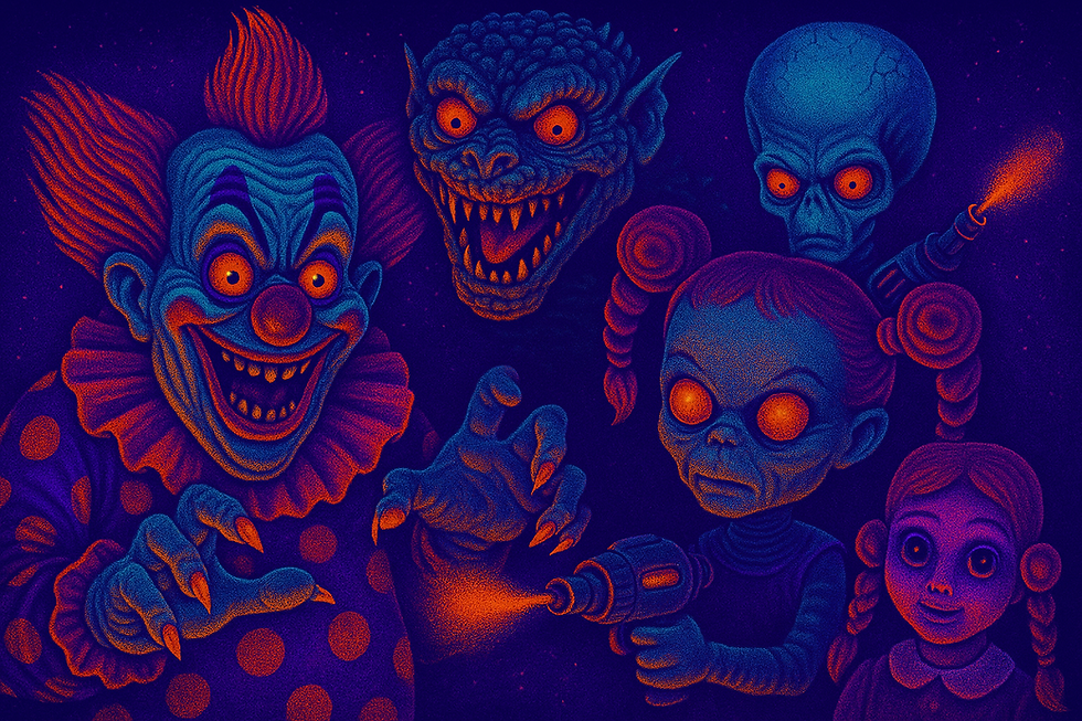 Clown and ghoulish figures with menacing expressions, glowing orange eyes. One holds a toy gun. Vivid purple and blue hues create an eerie mood.