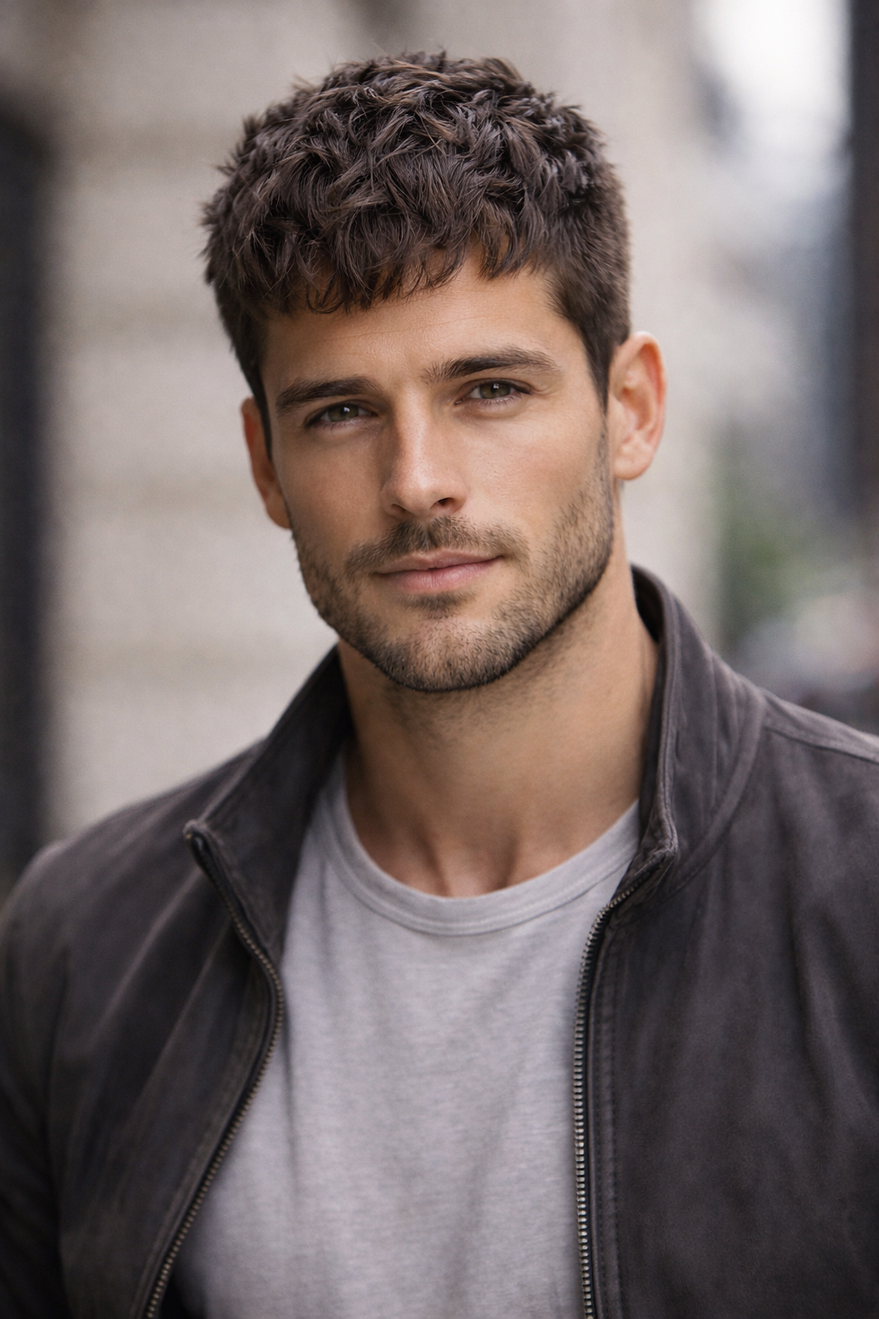 Man with short curly hair in a gray shirt and dark jacket, standing outdoors against a blurred city background, appears calm.