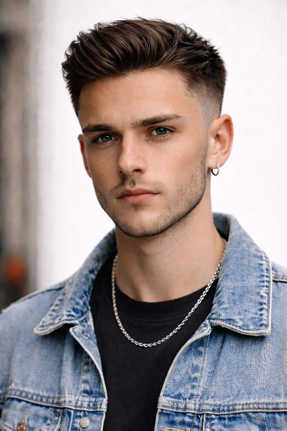 Young man with short hair, wearing a denim jacket and chain necklace, stares calmly at the camera against a blurred white background.