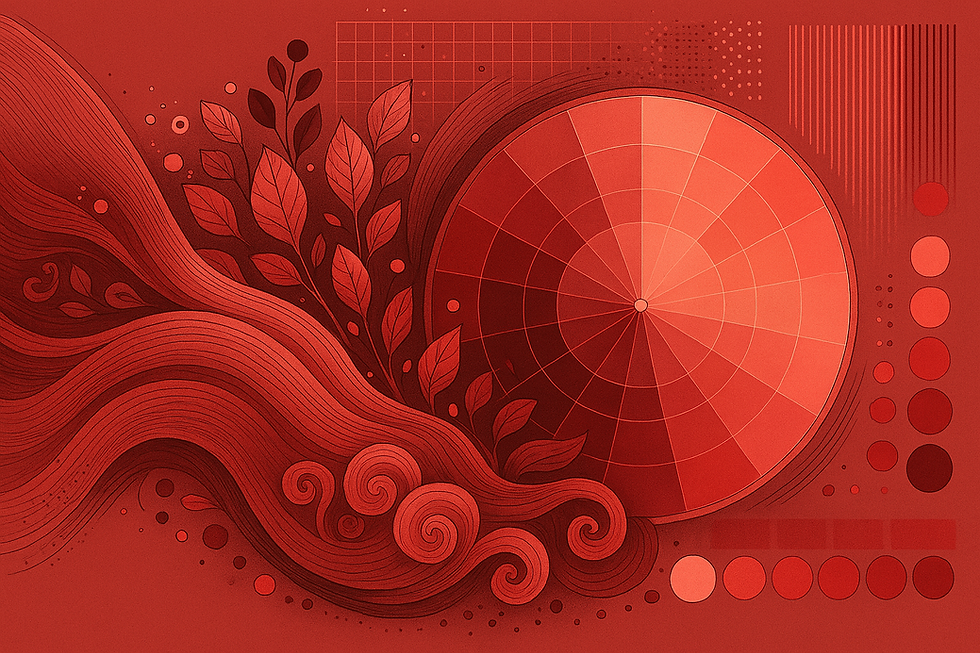Abstract design in shades of red with swirling lines, leaves, and a large circular chart. Grid patterns and dot clusters adorn the background.