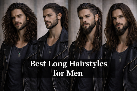 Four men with varying long hairstyles, wearing leather jackets. Text reads "Best Long Hairstyles for Men." Neutral background.