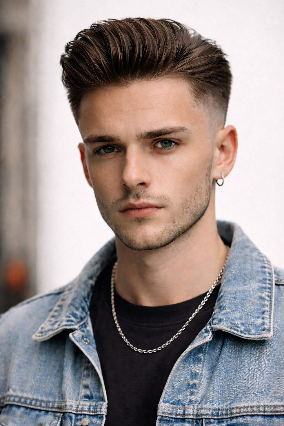 Young man with styled hair, hoop earring, and chain necklace in a denim jacket. Neutral expression, white background, urban vibe.