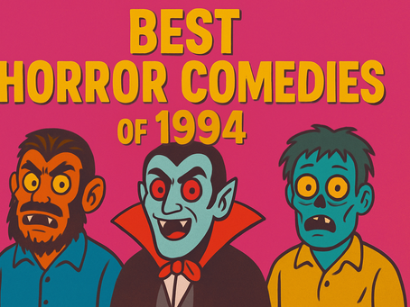 Cartoon vampire, werewolf, and zombie on pink background. Bold yellow text reads "Best Horror Comedies of 1994," conveying humor and nostalgia.