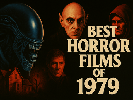 Alien creature, three sinister figures, and a creepy house on a black background. Text reads: Best Horror Films of 1979. Eerie atmosphere.