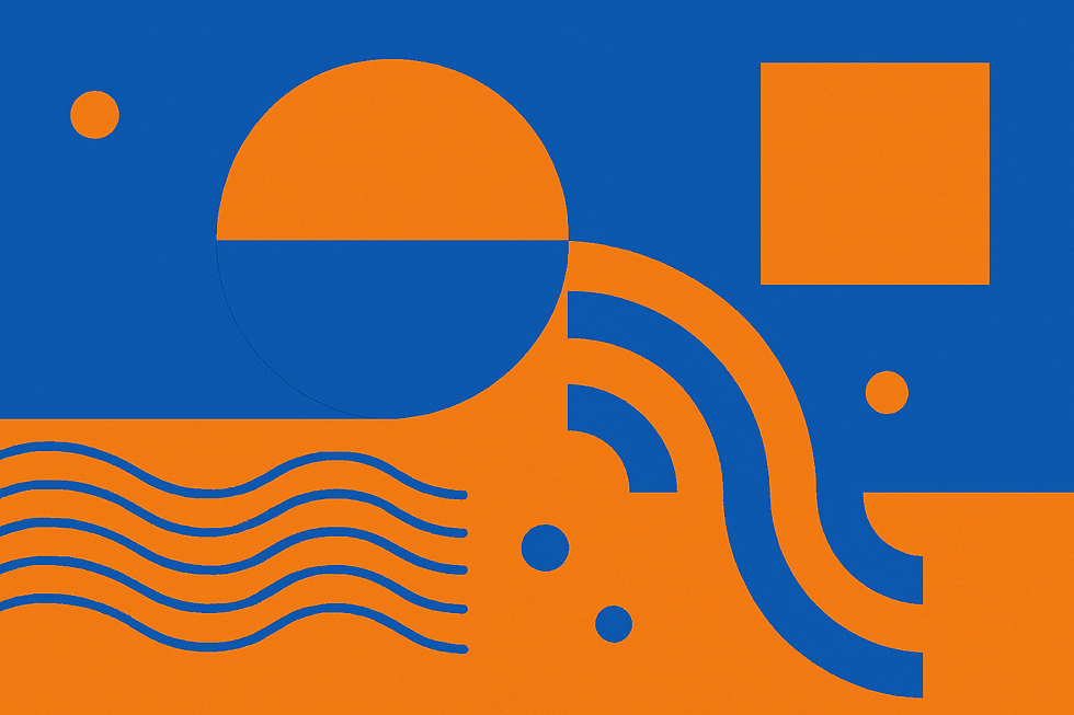 Abstract image with blue and orange geometric shapes: circles, a square, waves, and curves on a split orange and blue background.