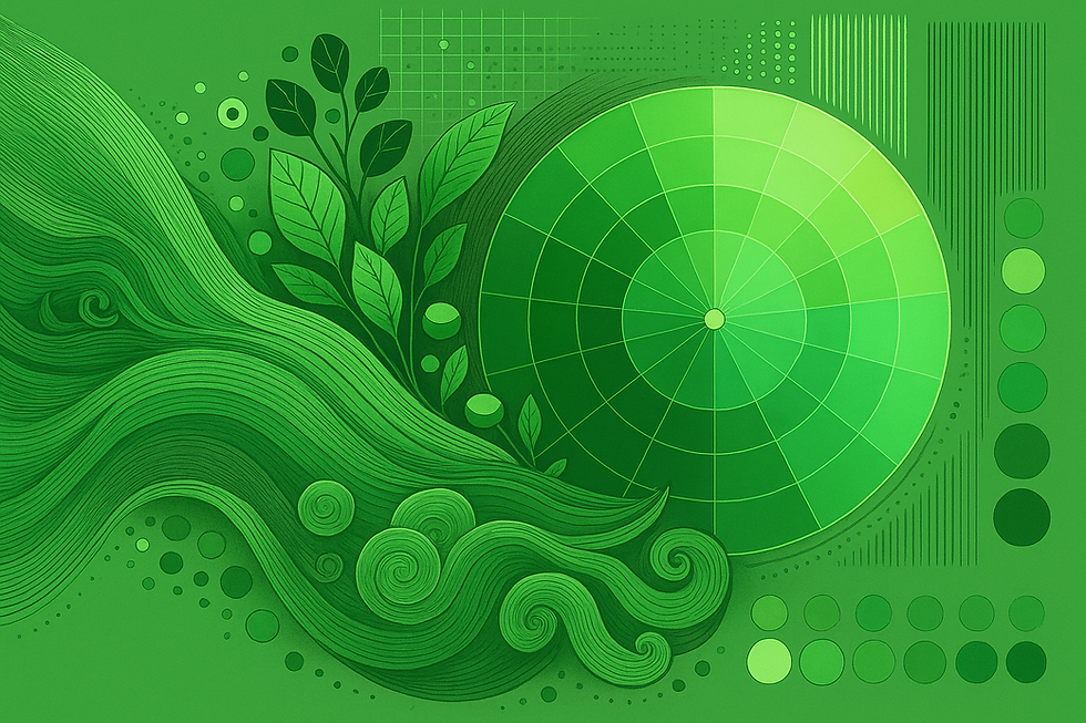 Green abstract art with swirling lines, leaves, and a gradient circle. The design features geometric patterns and creates a calm, harmonious mood.