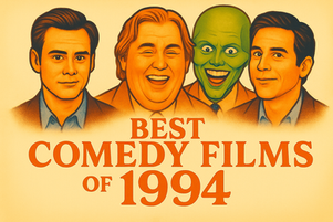 Four illustrated faces, one green, smiling on a poster with "Best Comedy Films of 1994" in bold red text against a beige background.