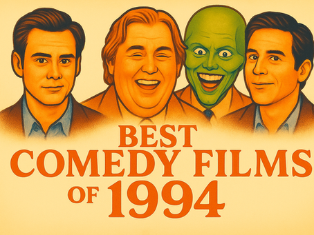 Four illustrated faces, one green, smiling on a poster with "Best Comedy Films of 1994" in bold red text against a beige background.