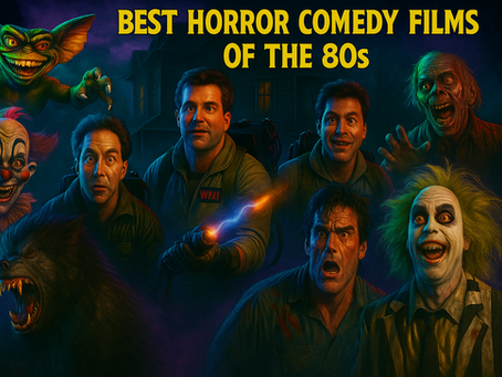 Fantasy creatures and characters from 80s horror-comedies gather with dramatic expressions. Text reads "Best Horror Comedy Films of the 80s."
