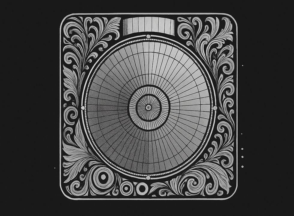 Intricate black and white circular pattern with swirling, ornate floral designs around the edges, set against a dark background.