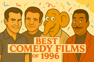 Four cartoon figures smile with confetti background. Text: "Best Comedy Films of 1996" in bold letters. Bright, festive mood.