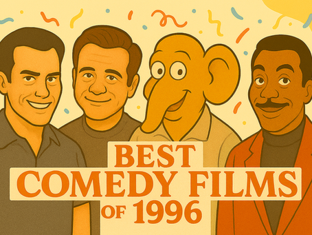 Four cartoon figures smile with confetti background. Text: "Best Comedy Films of 1996" in bold letters. Bright, festive mood.