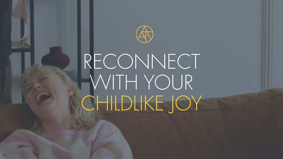 A person laughing on a brown couch with text "Reconnect with your childlike joy" overlaid. Cozy setting creates a playful mood.