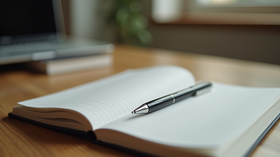 Close-up view of a journal and pen on a wooden table, ready for reflection