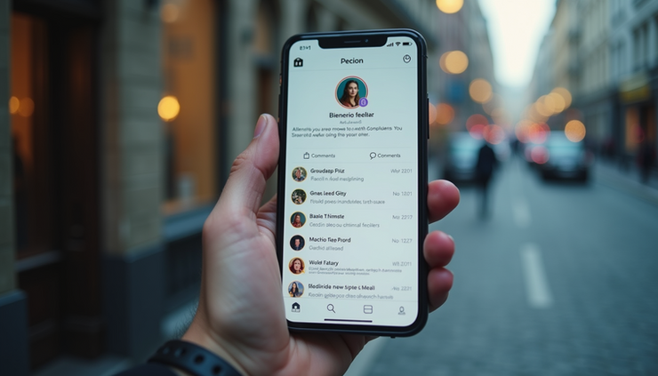 Eye-level view of a smartphone screen showing a social media profile with active follower engagement