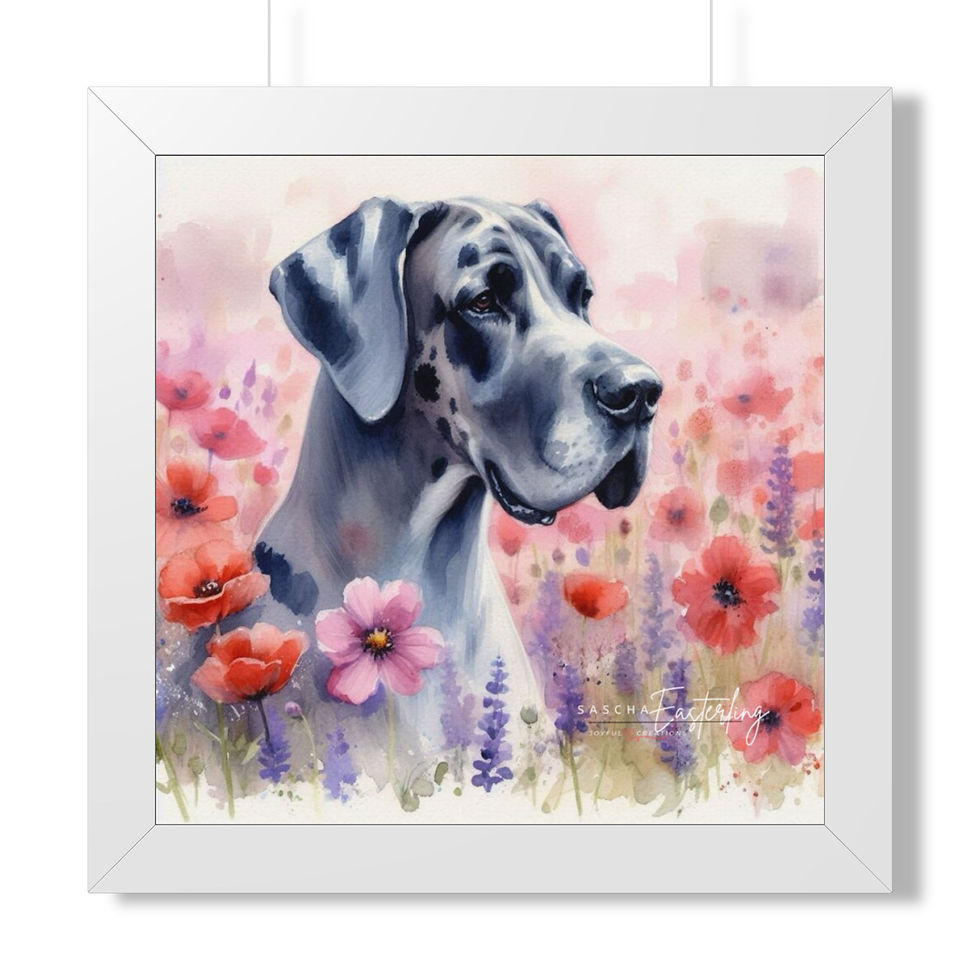 Thumbnail: Framed Poster — Great Dane in Poppy Field Watercolor Art