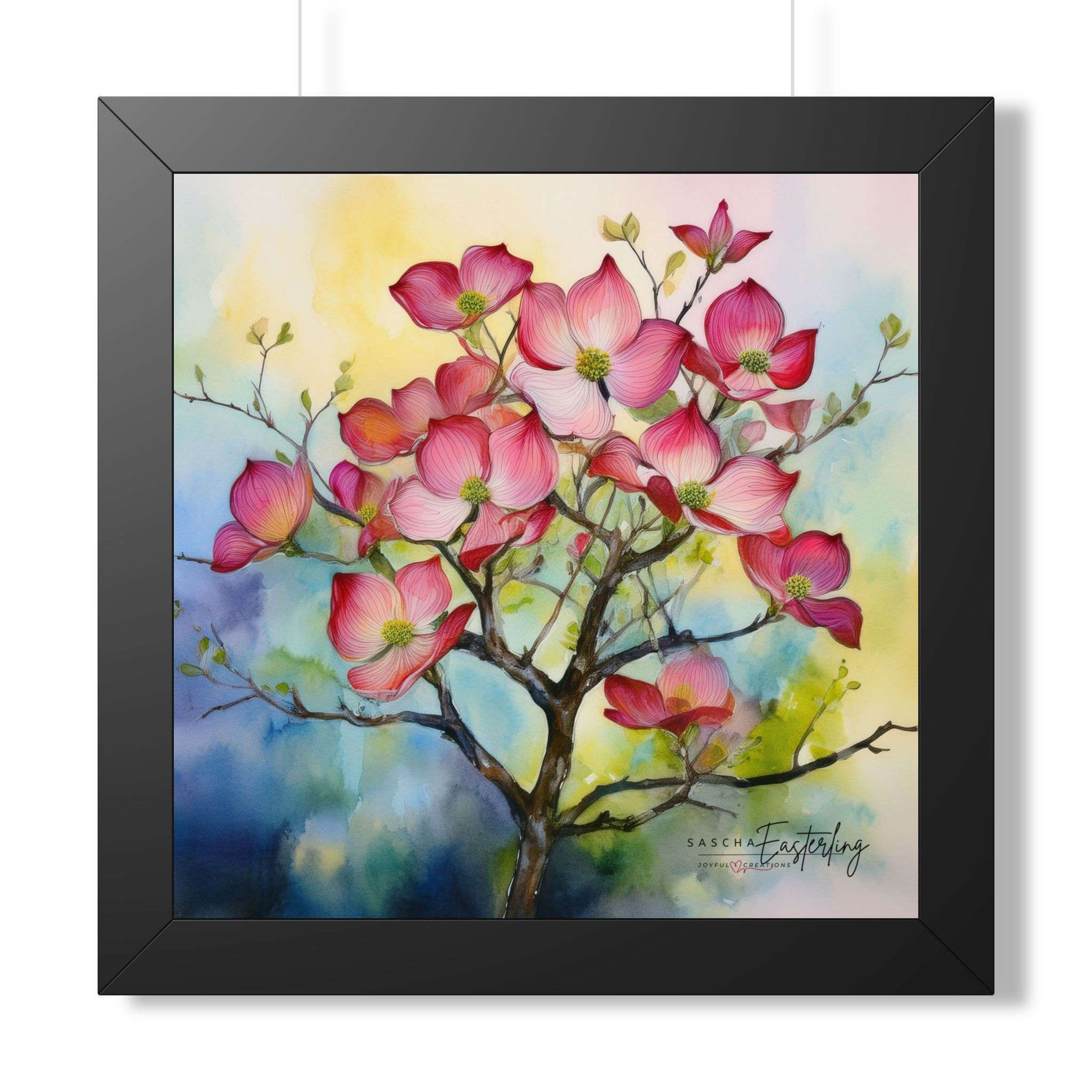 Framed Floral Art Poster — Pink Dogwood Watercolor Print