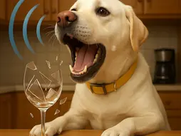 白いラブラドールが大きな声を出し、超音波のような衝撃でグラスを割る様子