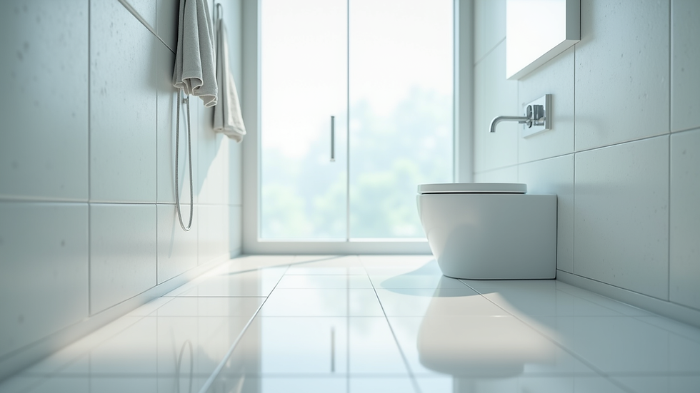 Eye-level view of a modern bathroom with white tiles and a glass shower