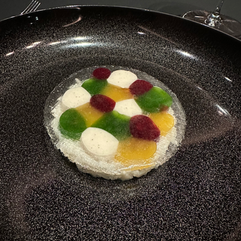 Handcrafted Delicacies with thoughtful designs. Strongly rooted in technique and aesthetic. Beautiful dish with red green white and orange bubbles from Ever in Chicago, Michelin-star