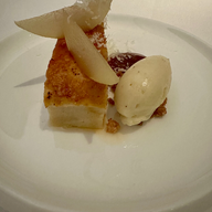 Brûléed bread pudding with pear and Solo di Bruna from two Michelin-star restaurant in NYC, The Modern. Photo from Jabri Fine Dining, Emma Jabri, JFD.