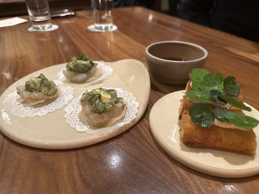 Tea of lightly smoked fruits and vegtables, Cured sole with curry remoulade and Gunde's pickles, and Shrimp toast with horseradish and nasturtium