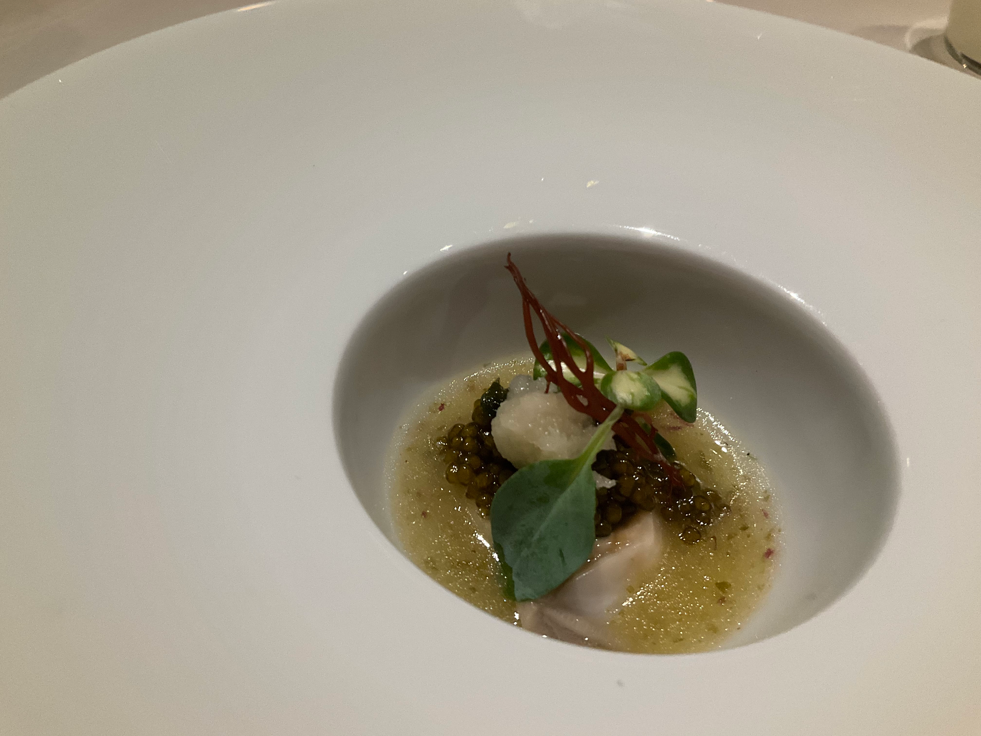 Soup in decorative bowlfrom Chef's Table at Brooklyn Fare in New York. Two Michelin-star restaurant with elegant dining and beautiful atmosphere. Jabri Family Photograph.