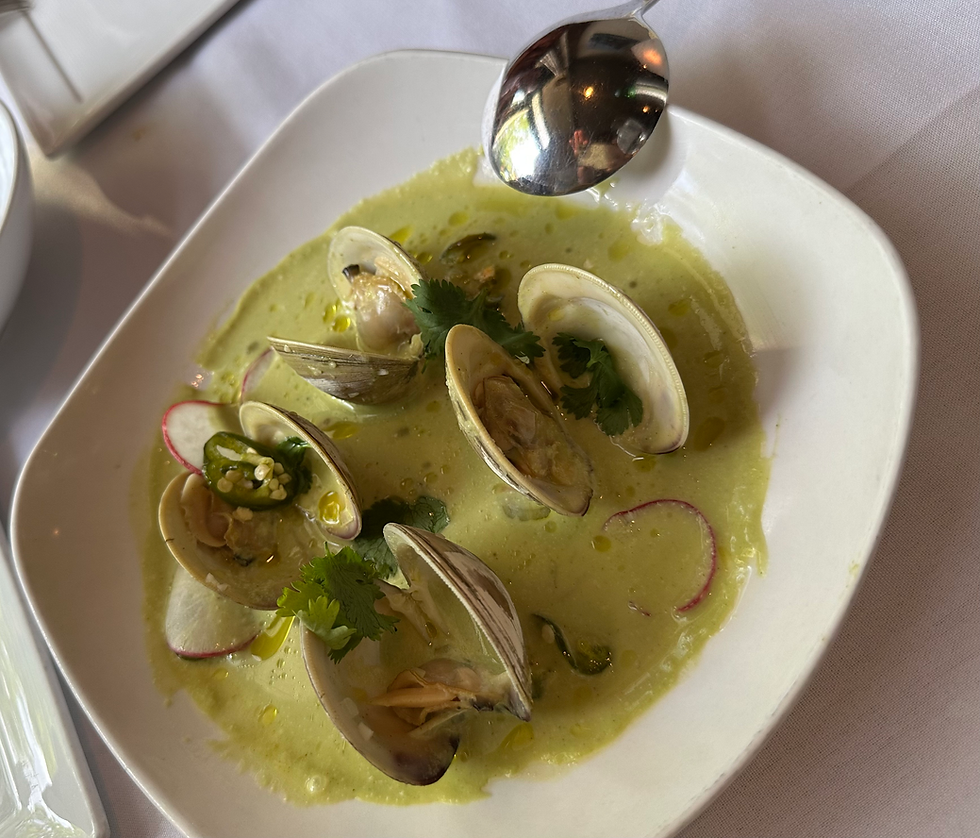 Clams in green sauce with cilantro, jalapeño slices, and radishes in a white bowl. A spoon and tablecloth are visible nearby.