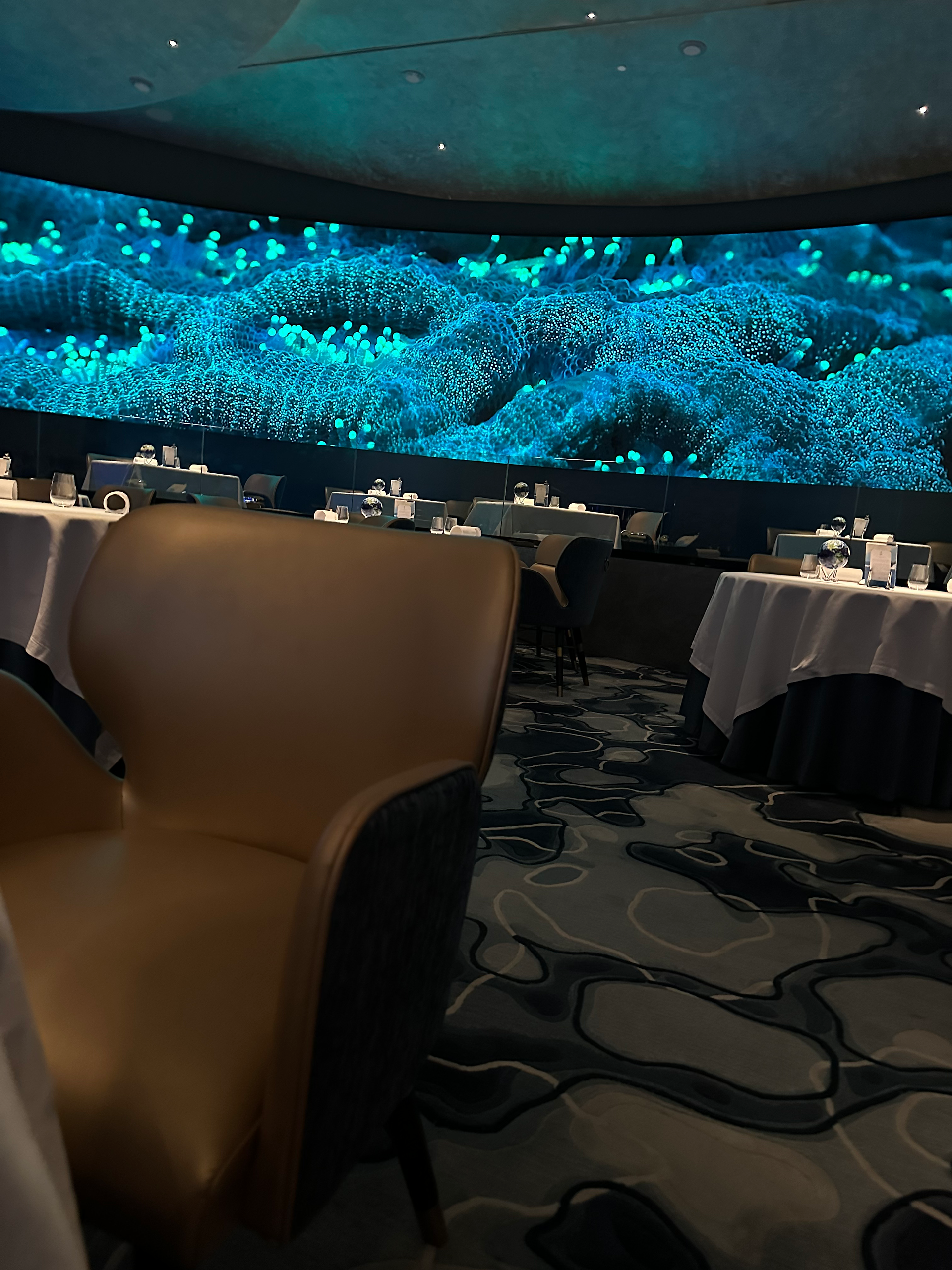 Beautiful tables and aquarium theme restaurant 