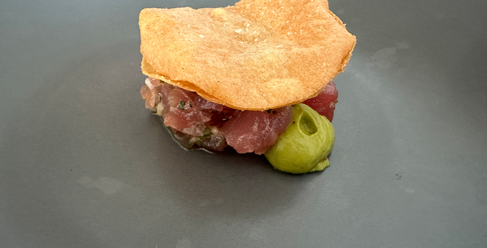  Tuna Tartare from Table 5 Tomato Dinner. Yellow Fine Tuna, Tomato, Avacado, Corn Chip. Jabri Fine Dining