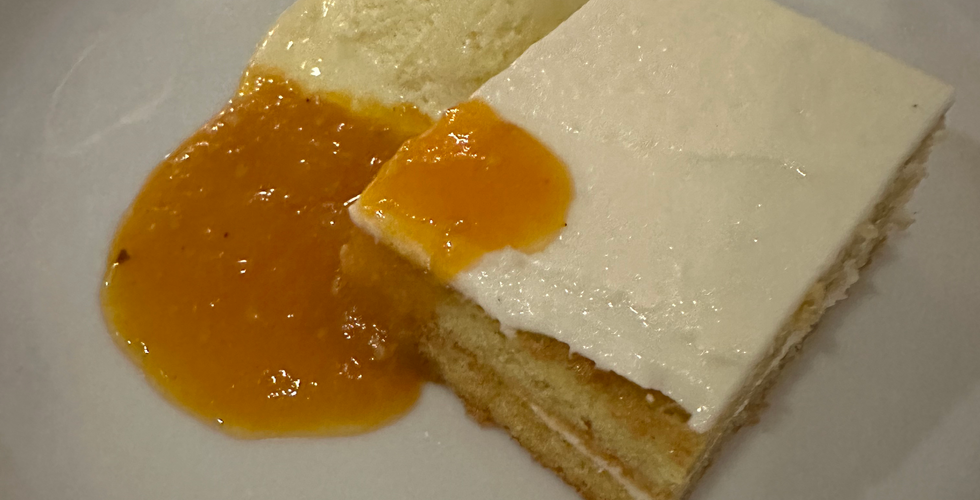 Olive Oil Cake Table 5: Tomato Dinner. Mascarpone Buttercream, tomato conserve, and basil ice cream. Jabri Fine Dining