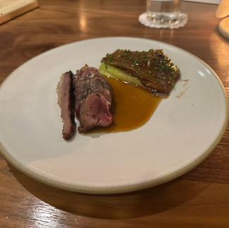 Roasted lamp loin with leeks and escarole with frozen anise jelly with mint