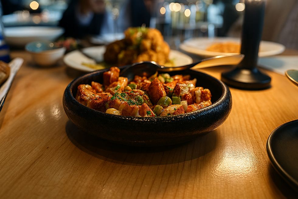 Patatas Bravas from Capa in Orlando Florida. Black bowl with potatoes and greens, served to Jabri Fine Dining. Michelin-star dining
