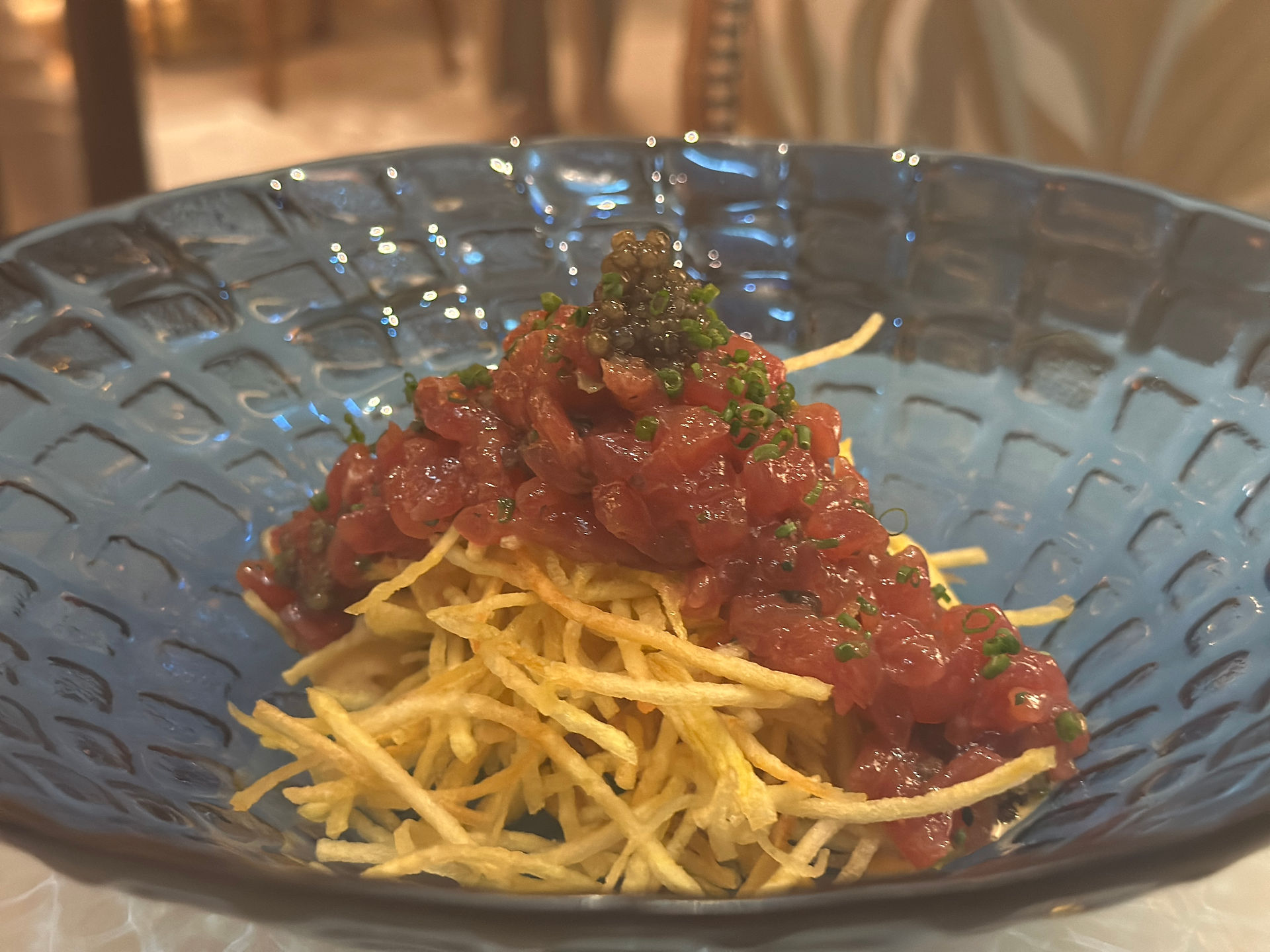 Tuna Tartar & Caviar with Crispy Potato served at Kira in Dubai. Located at the beautiful Jumeriah Marsa Al Arab. Jabri Fine Dining.