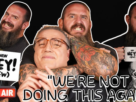 Thumbnail from the recent episode of Hey (EW) with Brody King, hosted by RJ City, featuring multiple images of Brody: One where he's cheesily smiling, one where he's stoically holding a coffee mug, and one where he is pretending to choke out RJ.