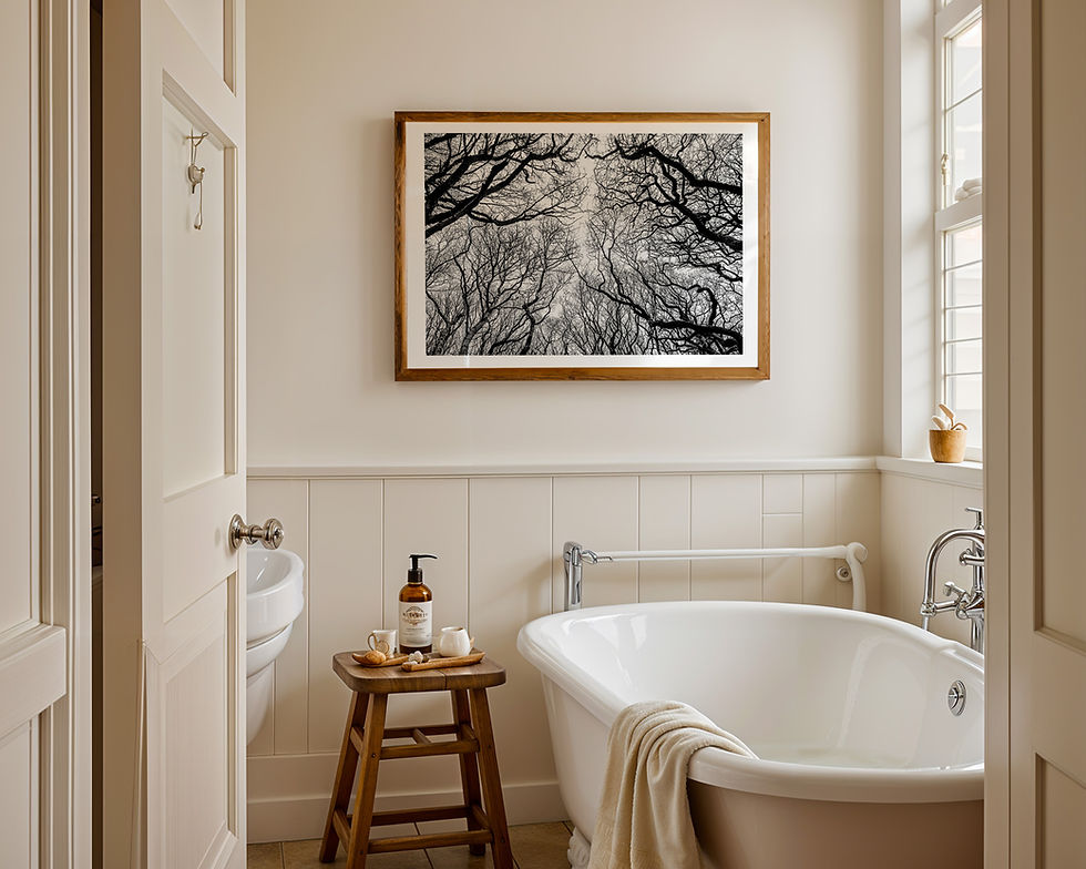 Framed black and white photograph of tree branches from Exmoor, England, hanging above a classic white bathtub in a bathroom
