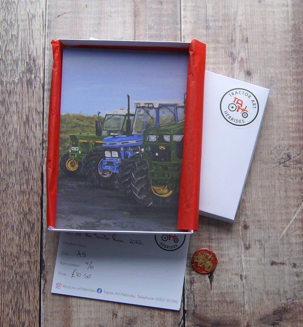 Blue tractor in a frame, A5 At the Tractor Run, next to box. Tractor Art Hebrides.
