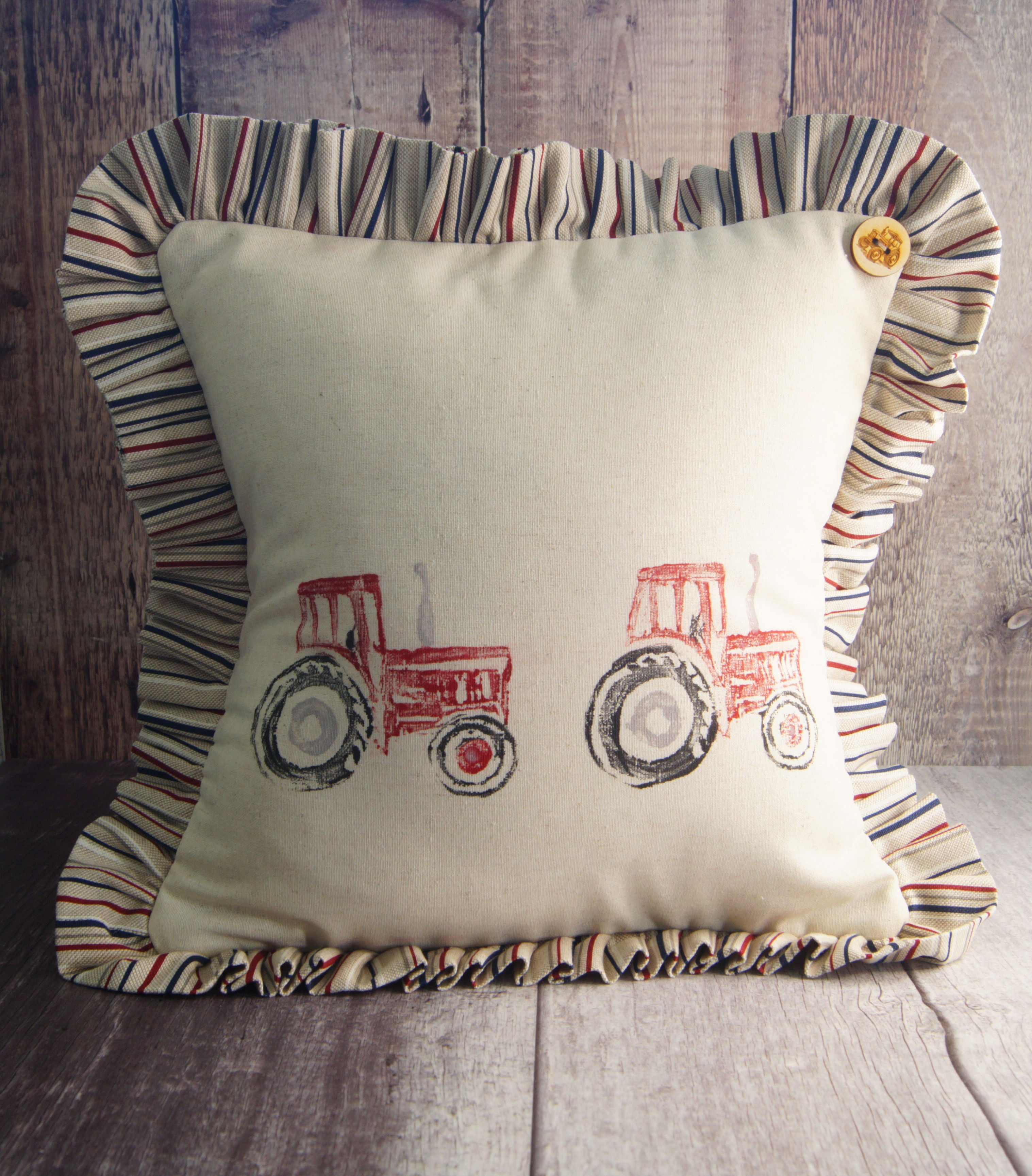 Red tractor with cab, hand block print cushion